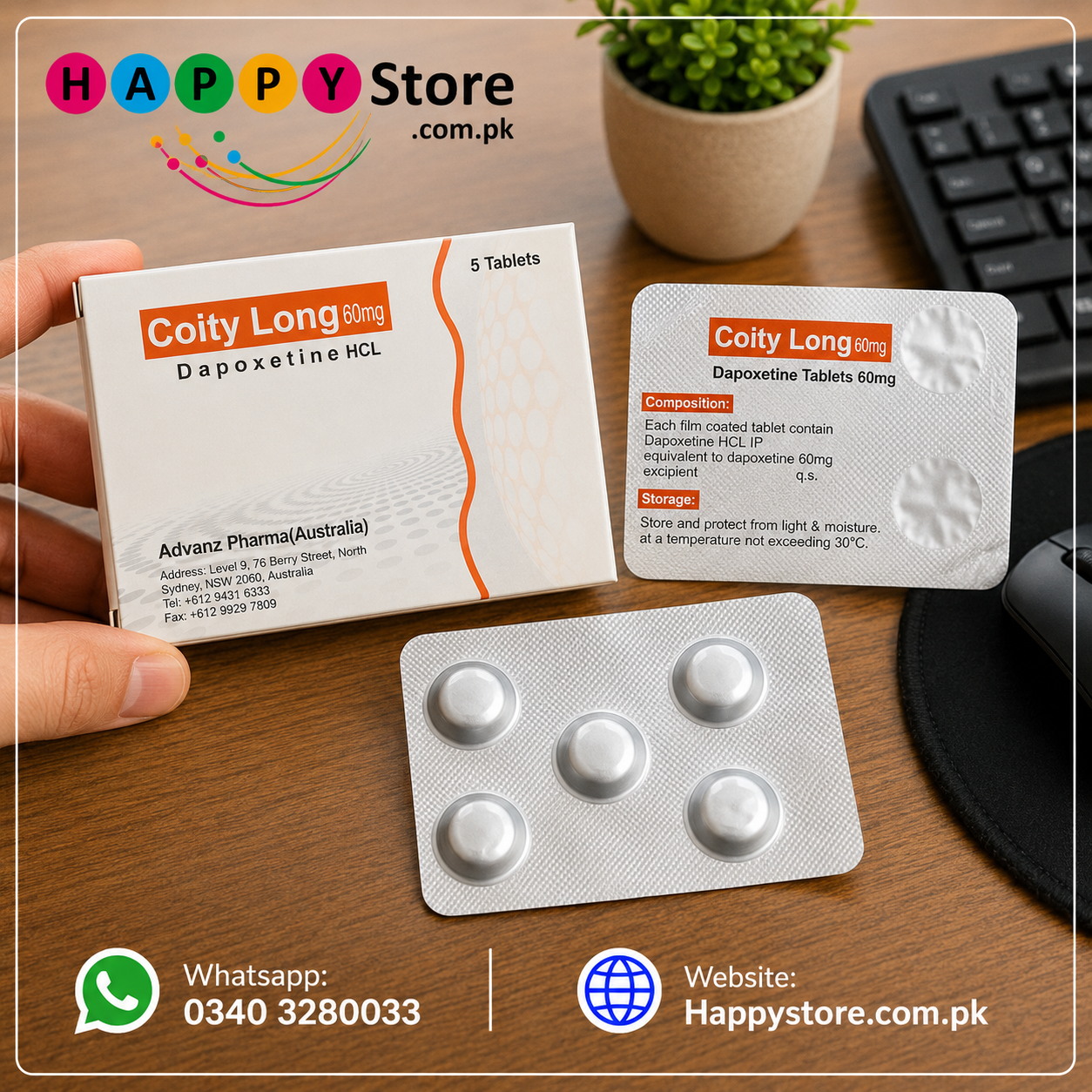 Coity Long 60mg Dapoxetine HCL Tablets In Pakistan